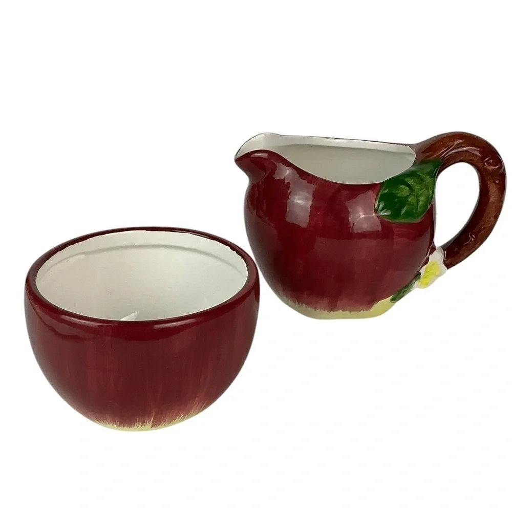 Vintage Hand Painted Apple Distinctive Design MR Ceramic Creamer Sugar Bowl Set